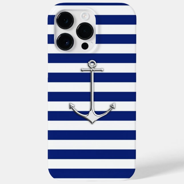 Silver Thin Anchor on Nautical Stripes Case-Mate iPhone Case (Back)