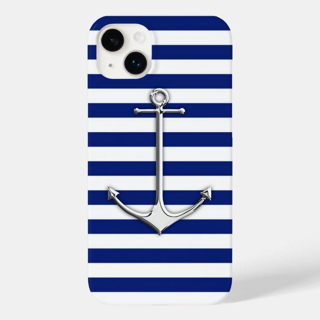 Silver Thin Anchor on Nautical Stripes Case-Mate iPhone Case (Back)