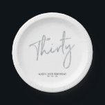 Silver Thirty Lettering 30th birthday Paper Plates<br><div class="desc">This simple custom paper plate will add stylish detail to a modern 30th birthday party. This design features chic gold lettering "Thirty" with custom text. Matching invitations and party supplies are available in my shop BaraBomDesign.</div>