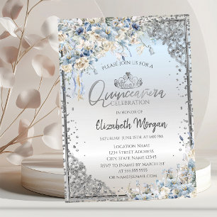 Silver Tiara,Diamonds Blue Flowers Quinceañera Invitation