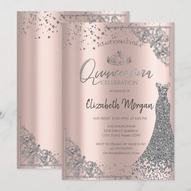 Silver Tiara Dress Stars Rose Gold Quinceañera  Invitation (Front/Back)