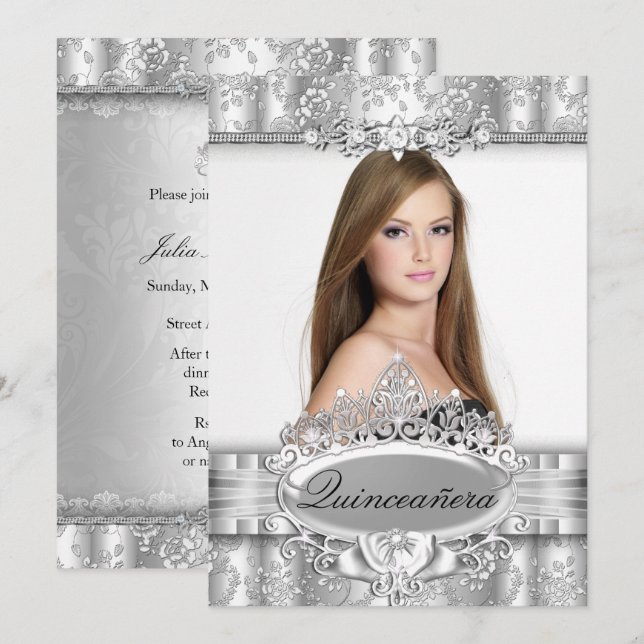 Silver Tiara & Floral Photo Quinceanera Invitation (Front/Back)