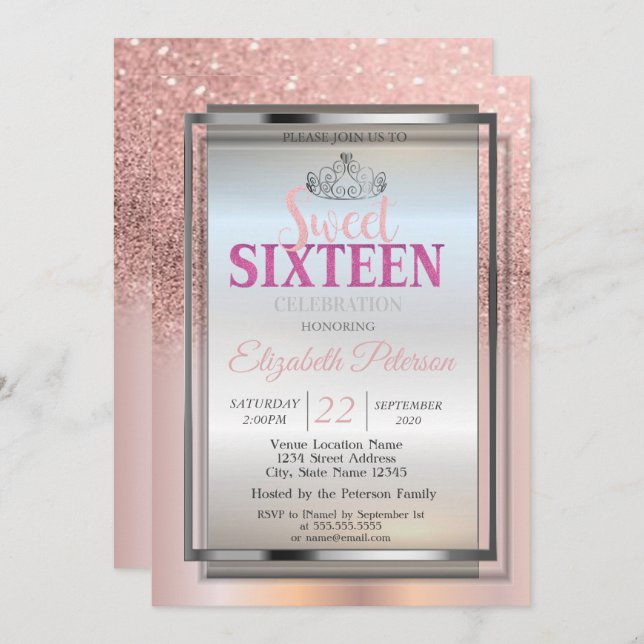 Silver Tiara, Rose Gold Glitter Sweet 16 Party Invitation (Front/Back)