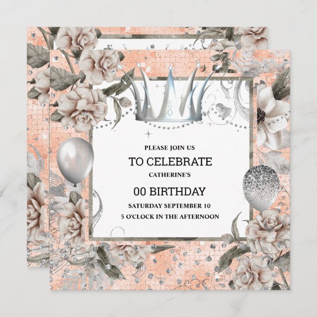 Silver tiara shabby chic floral glitter peach invitation (Front/Back)
