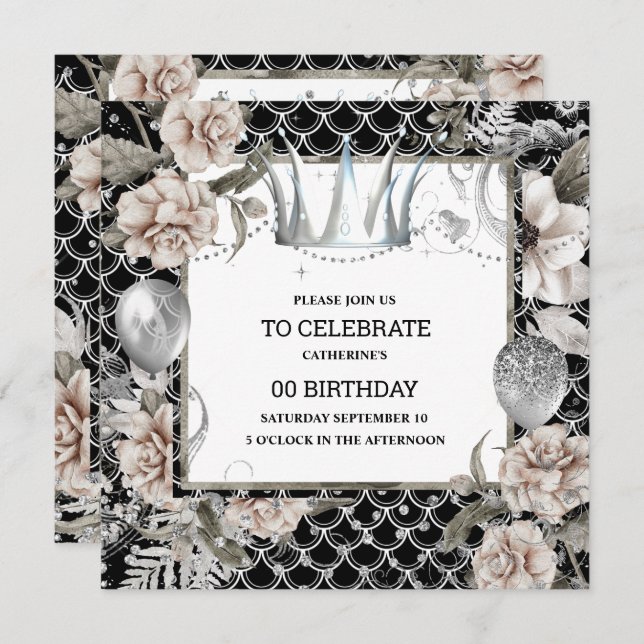 Silver tiara shabby chic floral mermaid scales invitation (Front/Back)