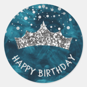 Silver Tiara with silver bokeh & Teal birthday Classic Round Sticker