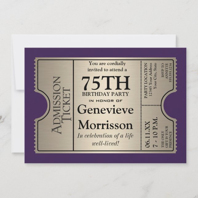 Silver Ticket Style 75th Birthday Party Invite (Front)