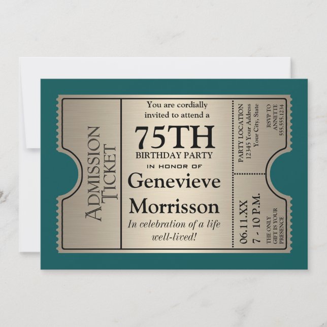 Silver Ticket Style 75th Birthday Party Invite (Front)