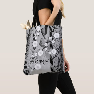Silver Tiger Print Floral Personalized  Tote Bag
