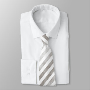 Silver Tone and White Striped Pattern Neck Tie