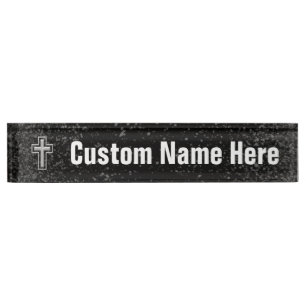 Silver Tone Christian Cross on Black Sparkle Nameplate