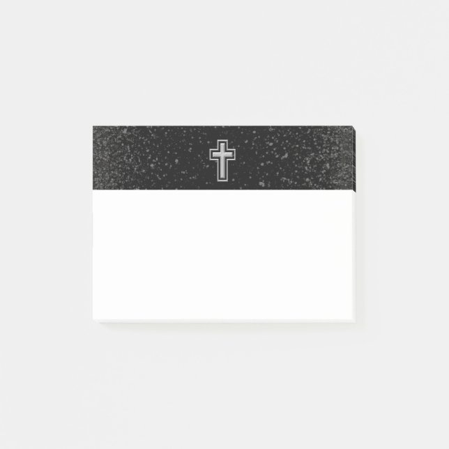 Silver Tone Christian Cross on Black Sparkle Post-it Notes (Front)