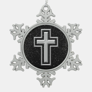 Silver Tone Christian Cross on Black Sparkle Snowflake Pewter Christmas Ornament