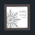 Silver Tone Snowflake Winter Wedding Jewelry Box<br><div class="desc">Customize the elegant Silver Tone Snowflake Winter Wedding Gift Box with the personal names of the bride and groom and their December, January or February marriage ceremony date. Create a one of a kind personalized keepsake gift for the newlyweds or thank you present for your bridesmaids or bridal attendants. This...</div>