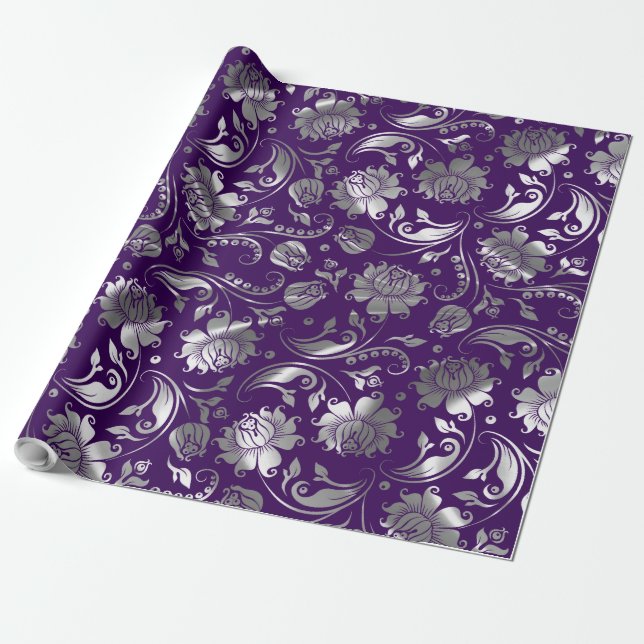 Silver Tones Floral Pattern Purple Background Wrapping Paper (Unrolled)