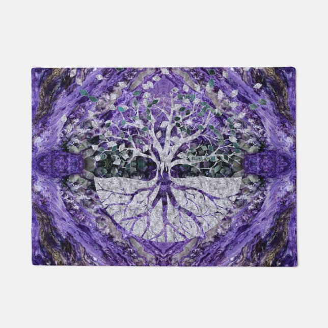 Silver Tree of Life Yggdrasil on Amethyst Geode Doormat (Front)