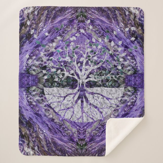Silver Tree of Life Yggdrasil on Amethyst Geode Sherpa Blanket (Front)