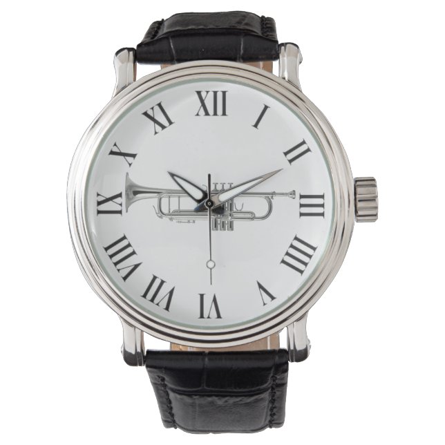 Silver trumpet and roman numbers watch (Front)