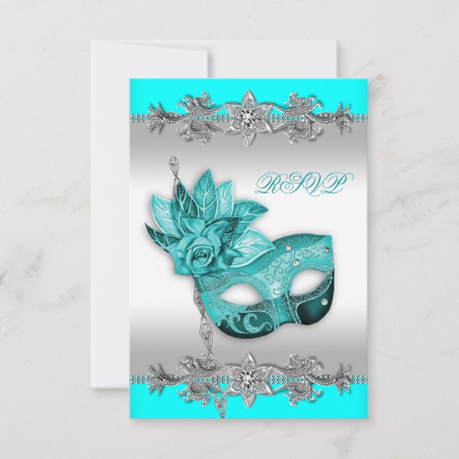 Silver Turquoise Blue Masquerade Party RSVP Card (Front)