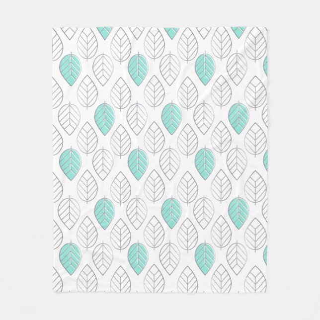 Silver & Turquoise Chic & Modern Leaf Design Fleece Blanket (Front)