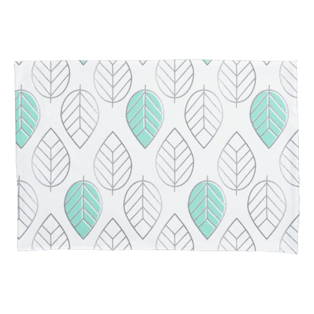 Silver & Turquoise Chic & Modern Leaf Design Pillowcase (Front)