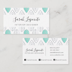 Silver & Turquoise Chic & Modern Leaf Pattern Business Card