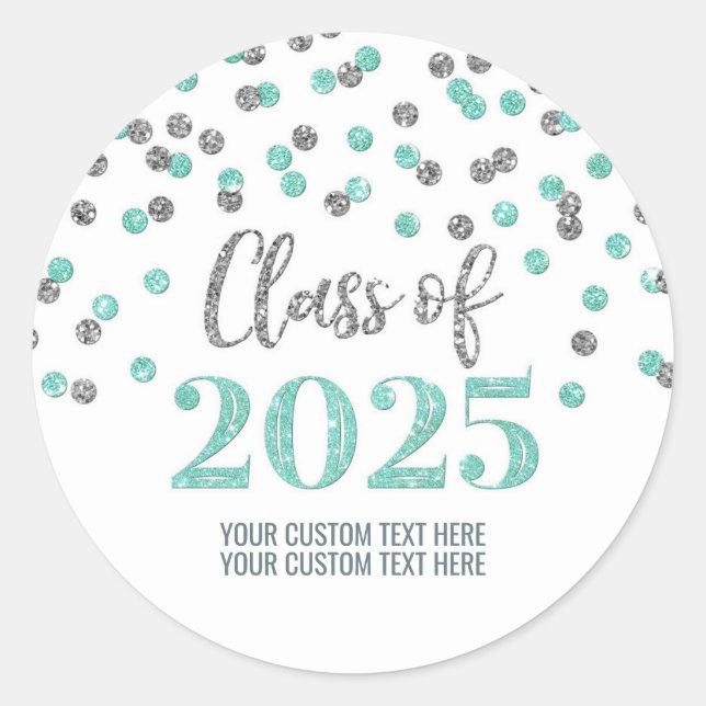 Silver Turquoise Confetti Graduation 2025 Classic Round Sticker (Front)