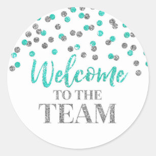 Silver Turquoise Confetti Welcome to the Team Classic Round Sticker