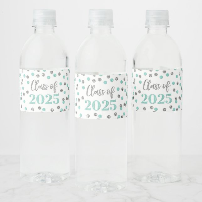 Silver Turquoise Glitter Class of 2025 Graduation Water Bottle Label (Bottles)