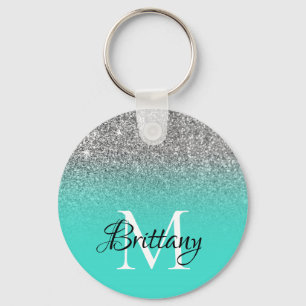 Silver Turquoise Glitter Ombre Monogram Keychain