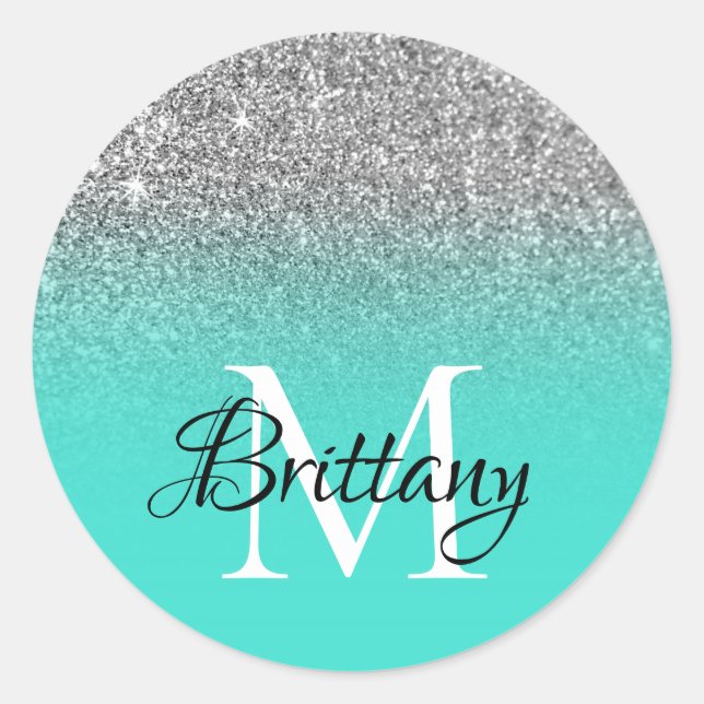 Silver Turquoise Glitter Ombre Monogrammed Classic Round Sticker (Front)