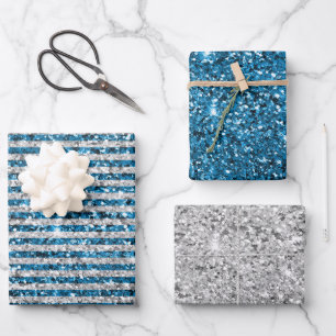 Silver Turquoise Glitter Stripes            Wrapping Paper Sheet