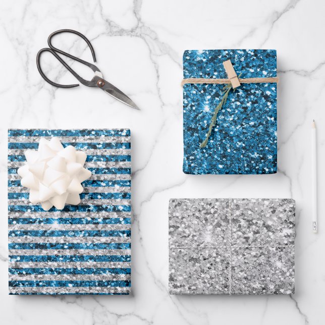 Silver Turquoise Glitter Stripes            Wrapping Paper Sheet (Front)