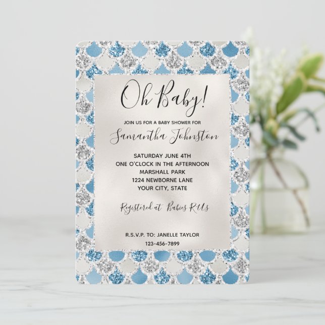 Silver Turquoise Pearl Glitter Mermaid Invitation (Standing Front)