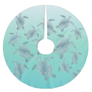 Silver  Turquoise Sea Turtles Pattern Brushed Polyester Tree Skirt