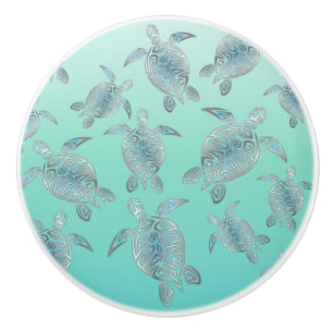 Silver Turquoise Sea Turtles Pattern Ceramic Knob