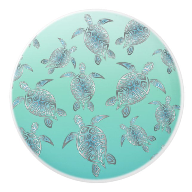 Silver  Turquoise Sea Turtles Pattern Ceramic Knob (Front)