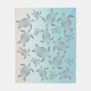 Silver Turquoise Sea Turtles Pattern Coastal Fleece Blanket