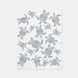 Silver Turquoise Sea Turtles Pattern Coastal Fleece Blanket