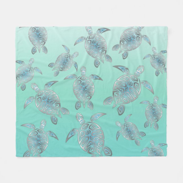 Silver Turquoise Sea Turtles Pattern Fleece Blanket (Front (Horizontal))
