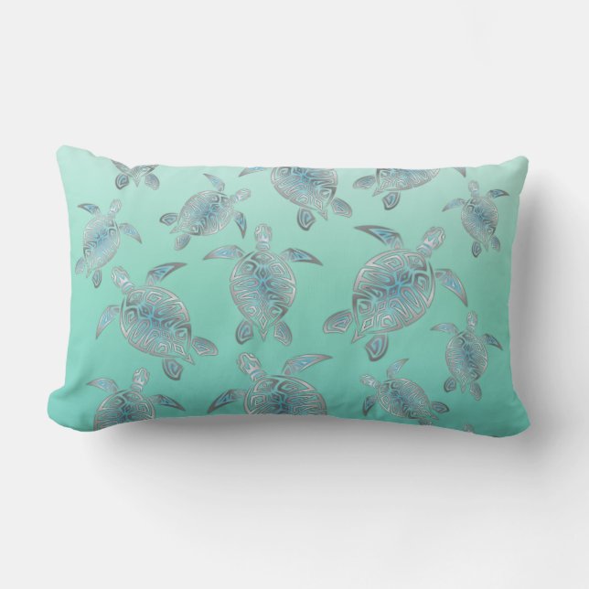 Silver Turquoise Sea Turtles Pattern Lumbar Pillow (Front)