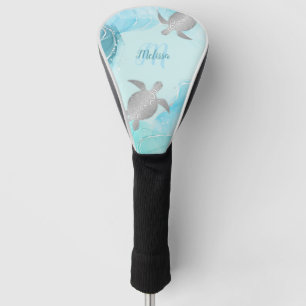 Silver Turtle Blue Coastal  Monogram Your Name Golf Head Cover