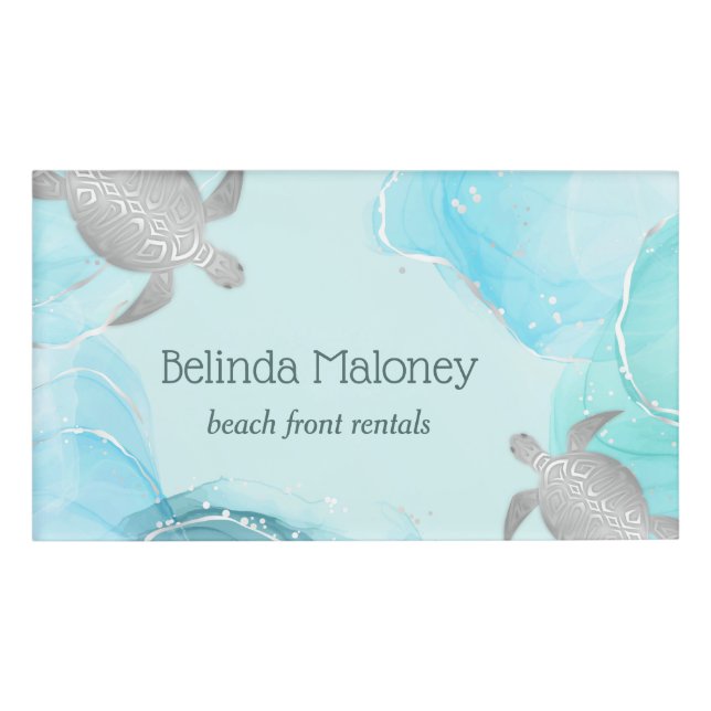 Silver Turtle Blue Ink Coastal  Name Tag (Front)