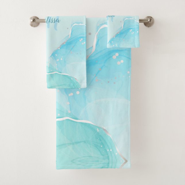 Silver Turtle Light Blue Marble Monogram Your Name Bath Towel Set (Insitu)