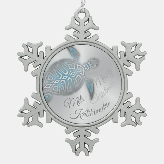 Silver Turtle | Mele Kalikimaka | Snowflake Pewter Snowflake Pewter Christmas Ornament (Front)