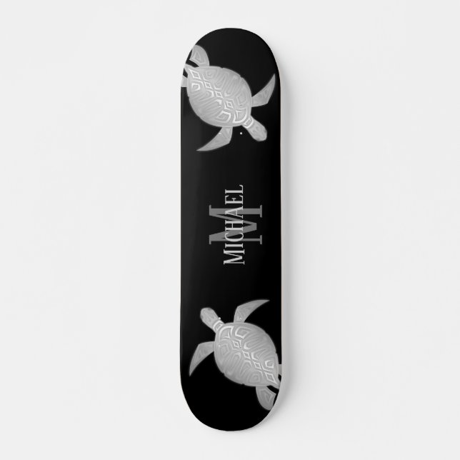 Silver Turtle Tribal Black Background Monogram Skateboard (Front)