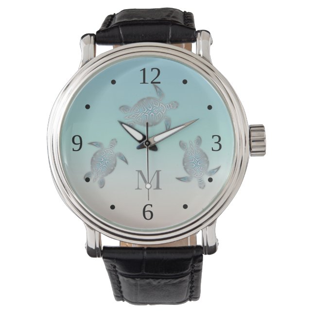 Silver Turtles Beach Style  Modern Monogram Watch (Front)