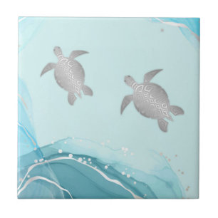 Silver Turtles Blue Ink Background   Coastal  Tile