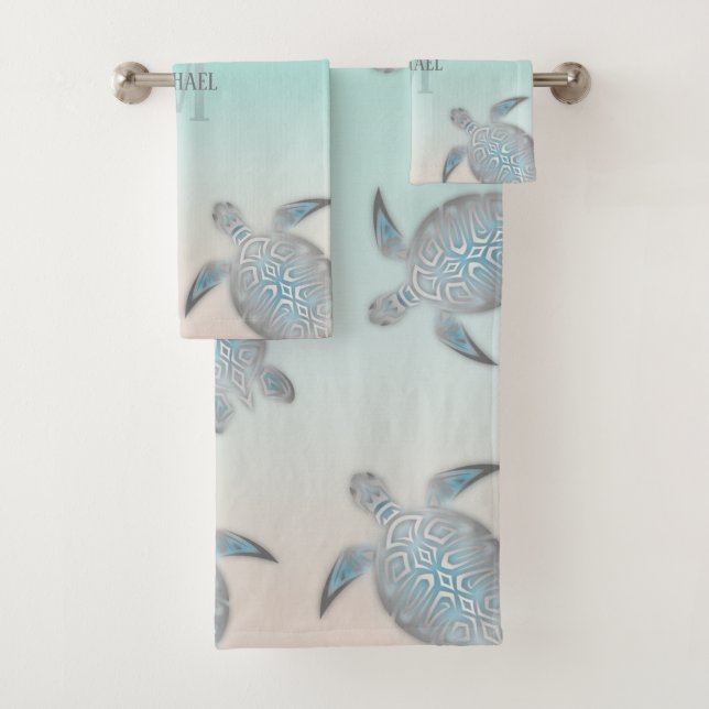 Silver Turtles Initials Your Name Turquoise Beige Bath Towel Set (Insitu)