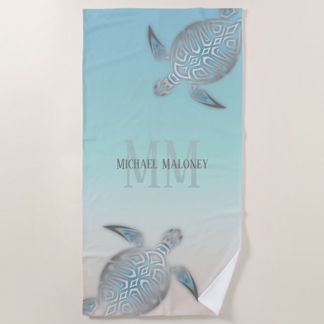 Silver Turtles Initials Your Name Turquoise Beige Beach Towel (Front)